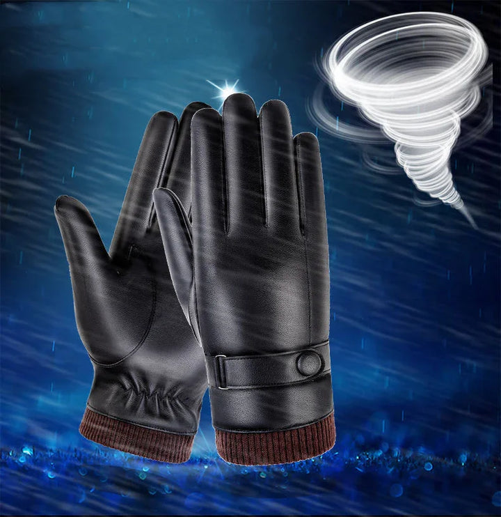 Black leather winter gloves with brown knit cuffs against stormy rain background and swirling tornado graphic