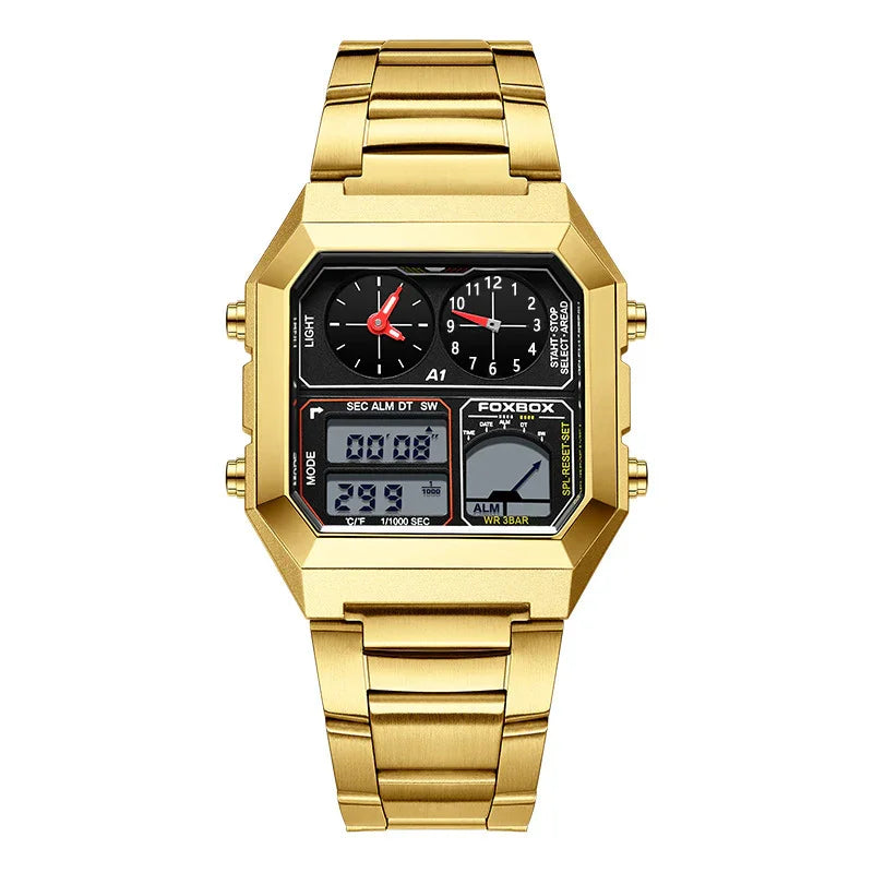 Gold-tone Foxbox digital analog men's wristwatch with square face and metal link band