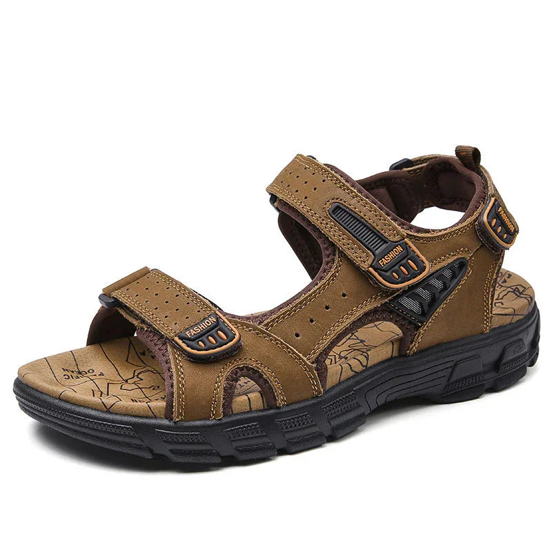 Brown men's outdoor sandals with adjustable straps and black rubber sole on white background