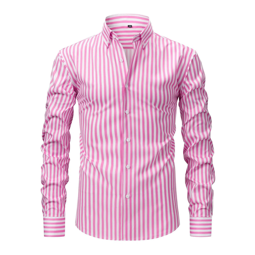 Men's pink and white vertical striped button-down shirt with long sleeves and buttoned cuffs