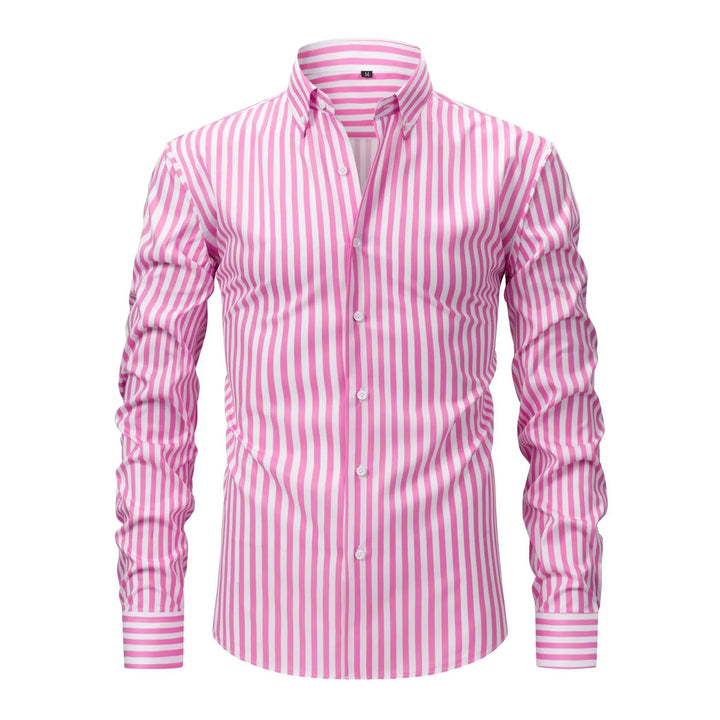 Men's pink and white vertical striped button-down shirt with long sleeves and buttoned cuffs