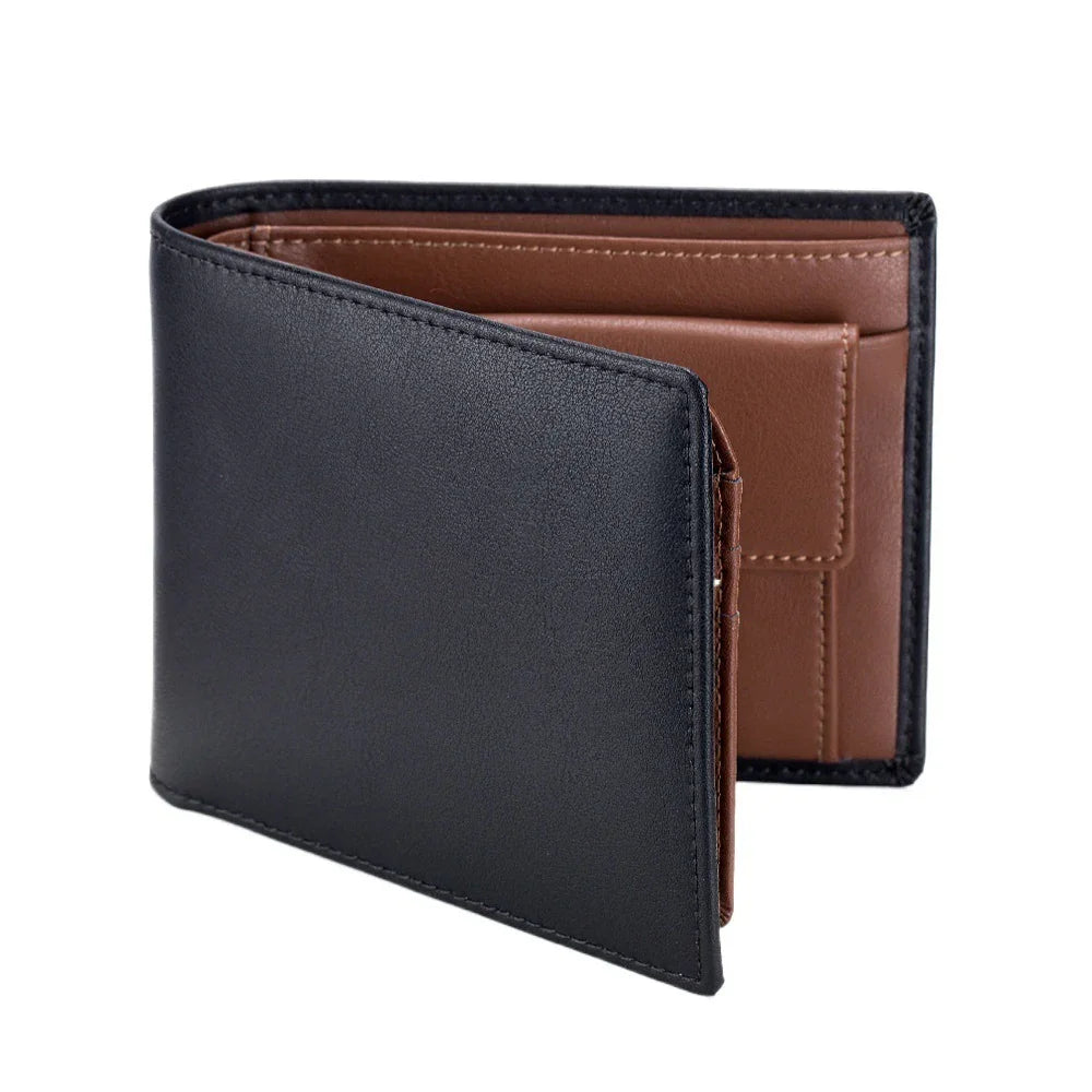 Black and brown bifold leather wallet with multiple card slots and coin pocket