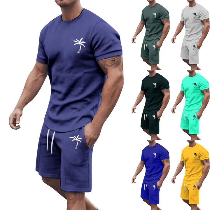 Men's casual cotton t-shirt and shorts sets with palm tree print in various colors, summer beachwear