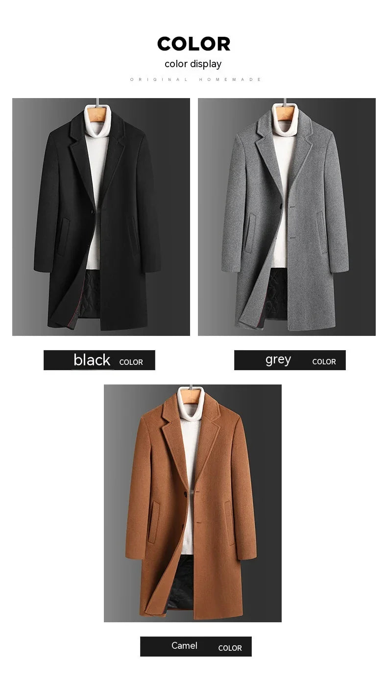 Black, grey, and camel men's wool overcoats with white turtleneck sweaters on hangers