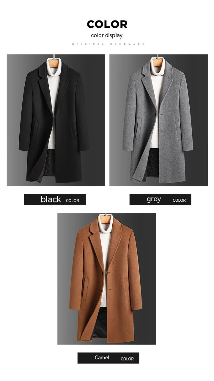 Black, grey, and camel men's wool overcoats with white turtleneck sweaters on hangers