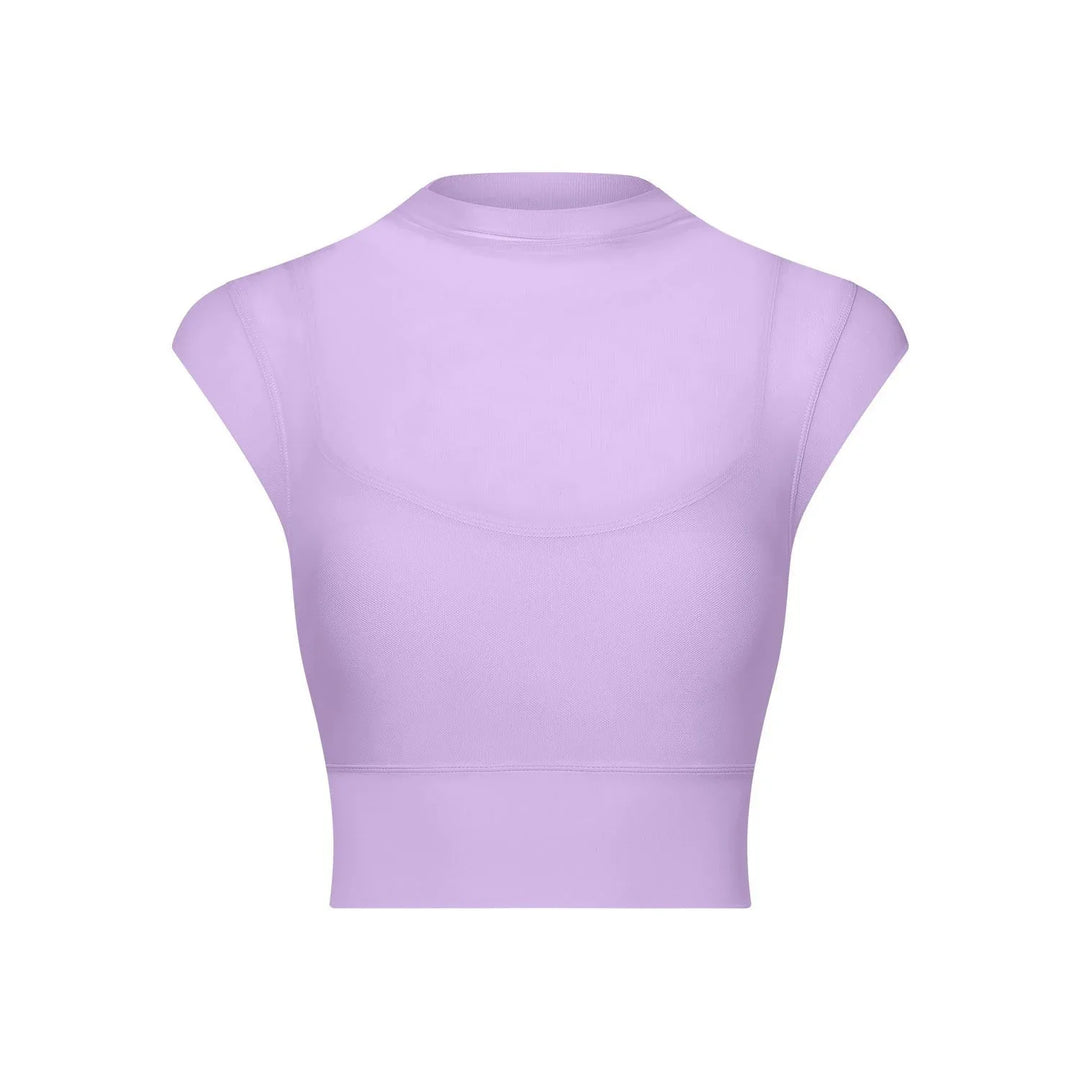 Purple women's sleeveless crop top with high neckline and fitted design