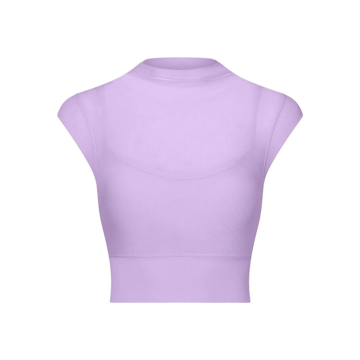 Purple women's sleeveless crop top with high neckline and fitted design