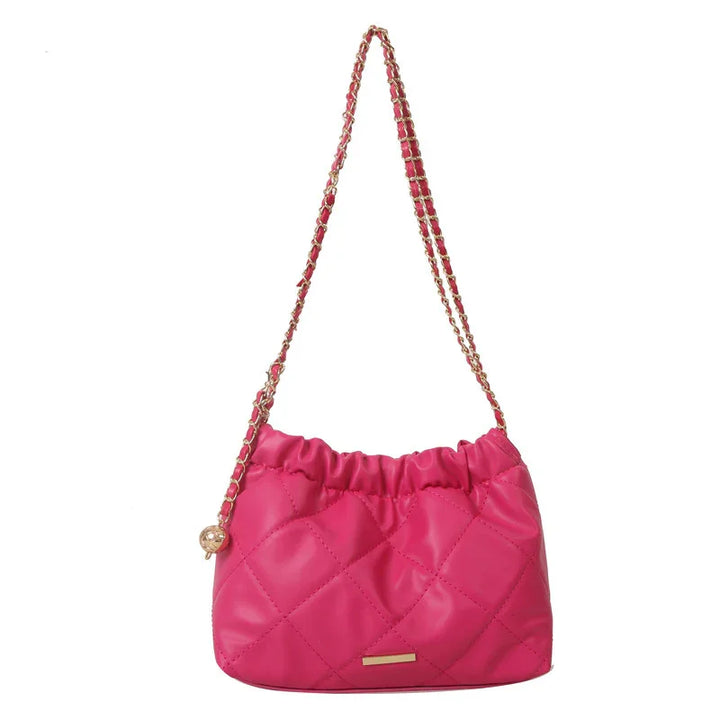 Pink quilted leather shoulder bag with gold chain strap and small gold emblem