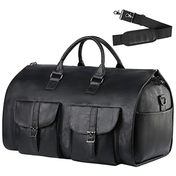 Black leather duffel bag with two front buckle pockets and detachable shoulder strap