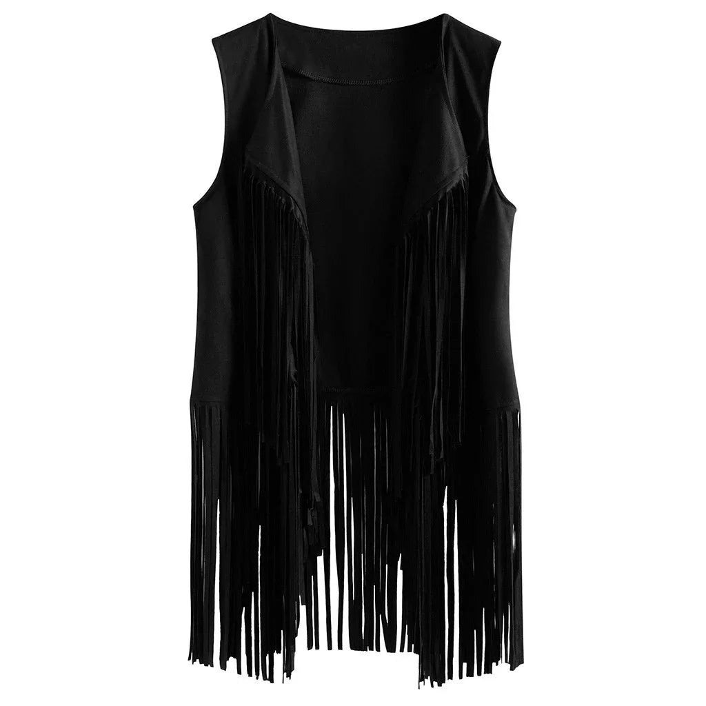 Black sleeveless vest with long fringe detailing on front and sides