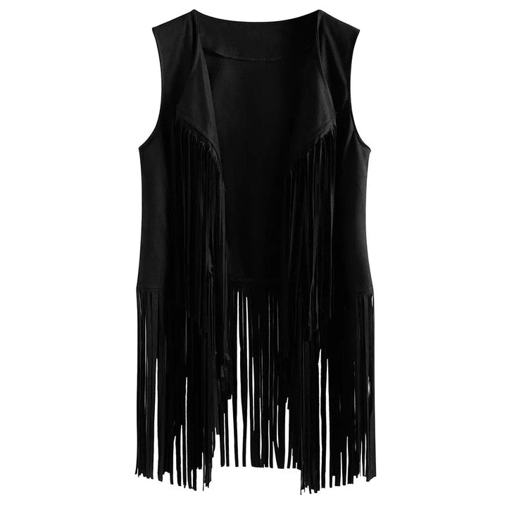 Black sleeveless vest with long fringe detailing on front and sides