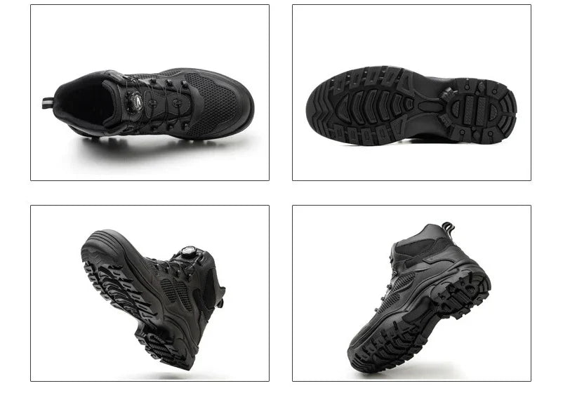 Black tactical boots shown from top, sole, and angled side views with rugged tread soles