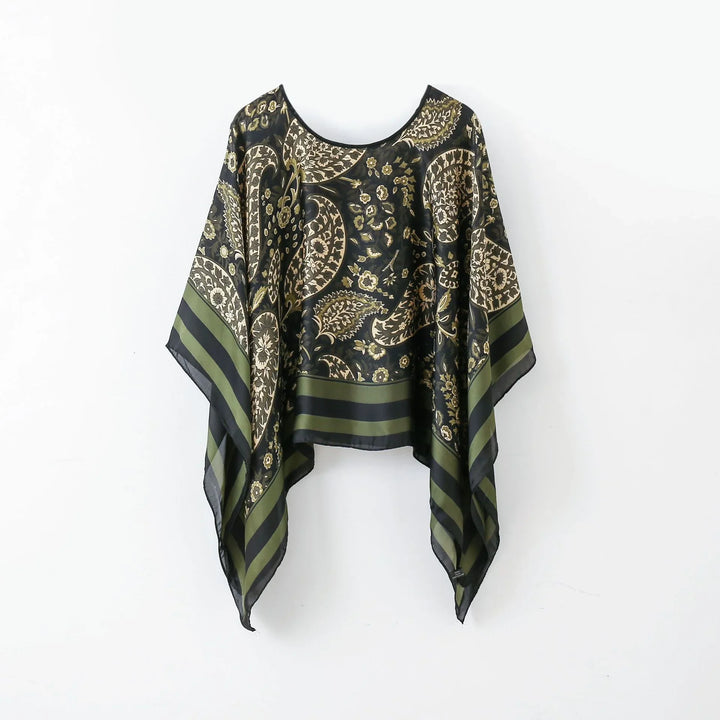 Black and olive green paisley patterned silk poncho with floral border stripes