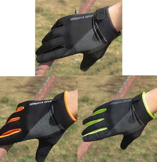 Three pairs of SENDIYA SPORT gloves in black with orange, green, and black accents gripping a rope outdoors