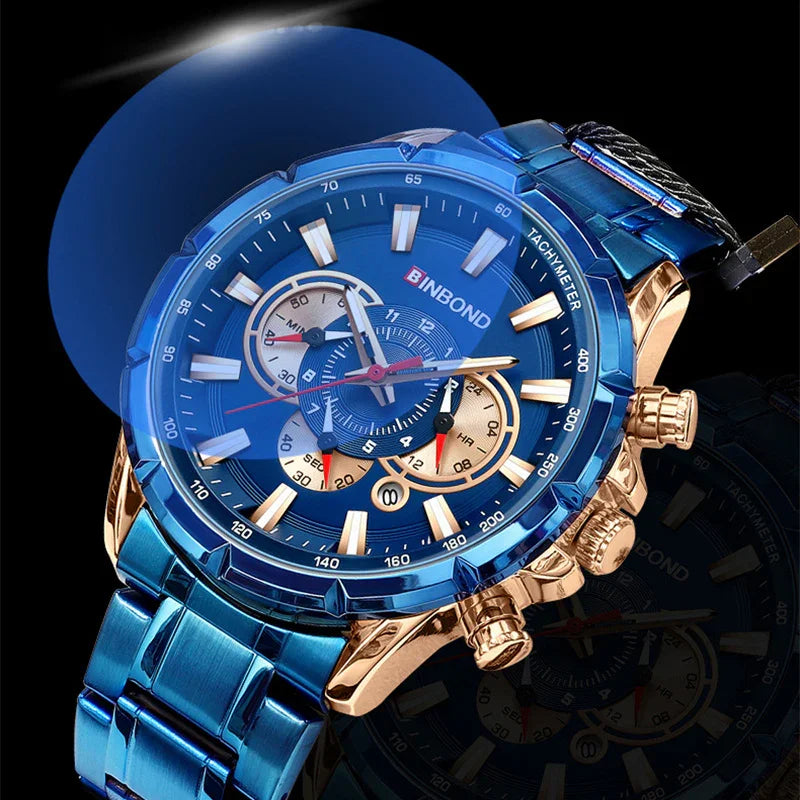 Blue and gold BINBOND men's tachymeter wristwatch with metal strap and chronograph dials