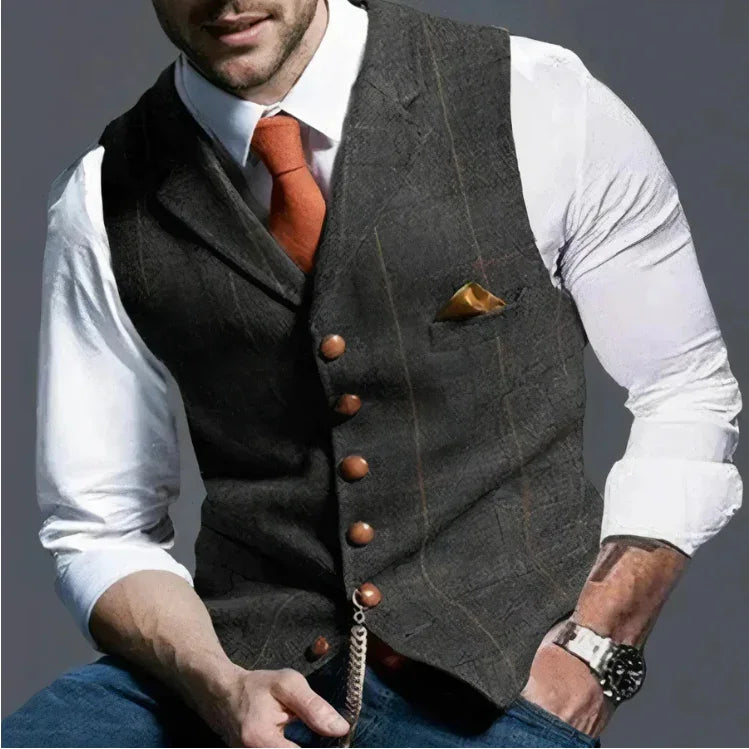 Man wearing gray plaid vest with brown buttons, white shirt, orange tie, and gold pocket square