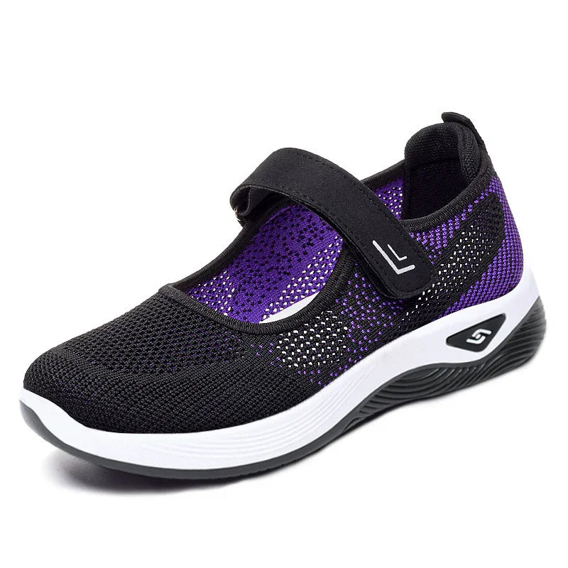 Black and purple breathable mesh Mary Jane sneaker with adjustable strap and white sole