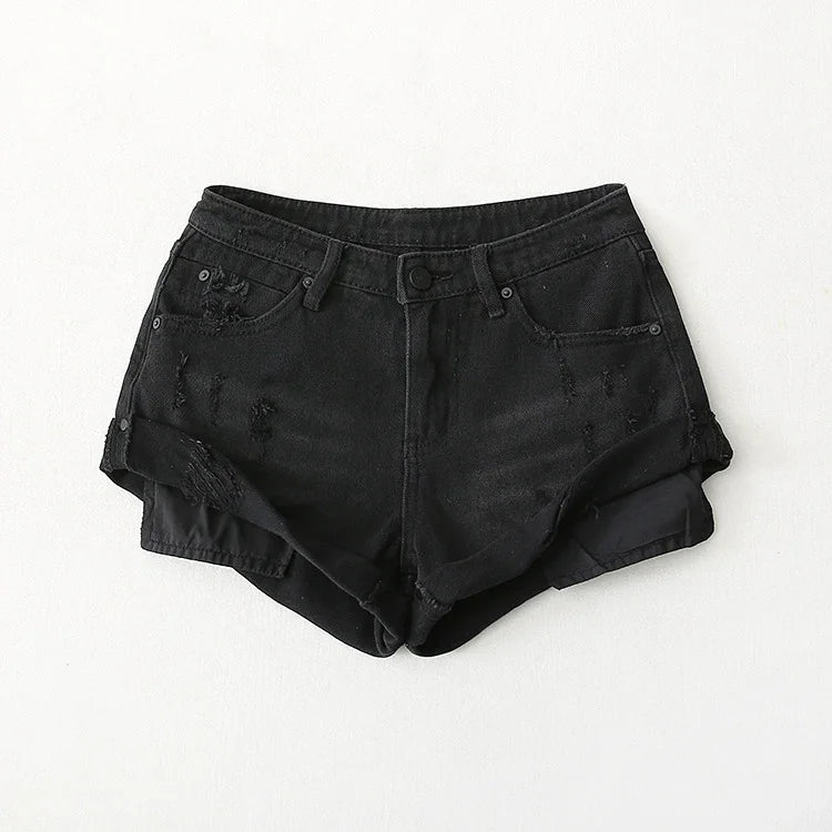 Black distressed denim shorts with frayed hem and rolled cuffs on white background