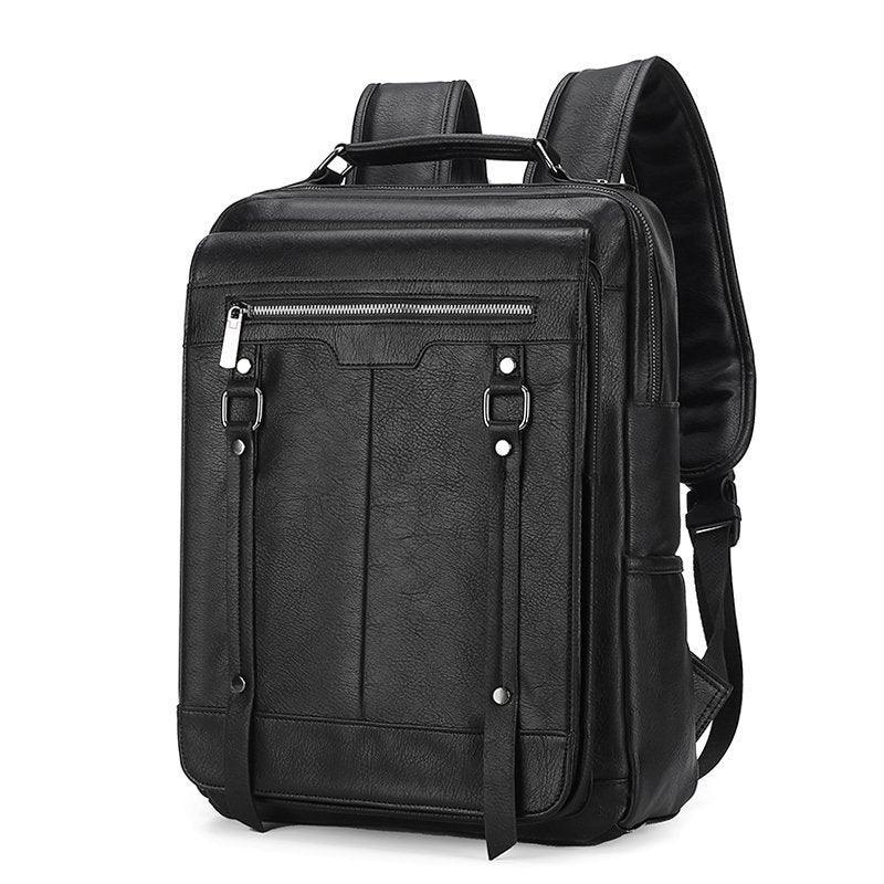 sleek black leather backpack with front zipper pocket and padded shoulder straps