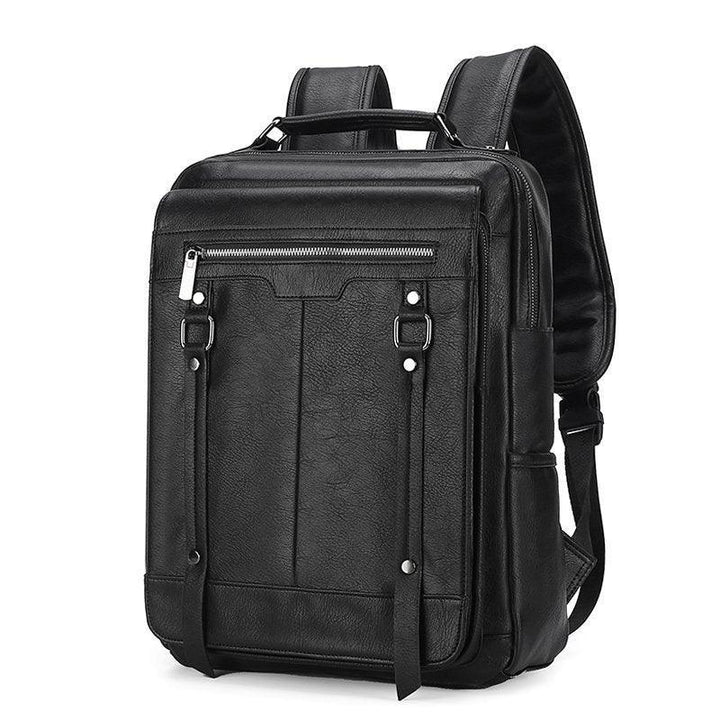 sleek black leather backpack with front zipper pocket and padded shoulder straps
