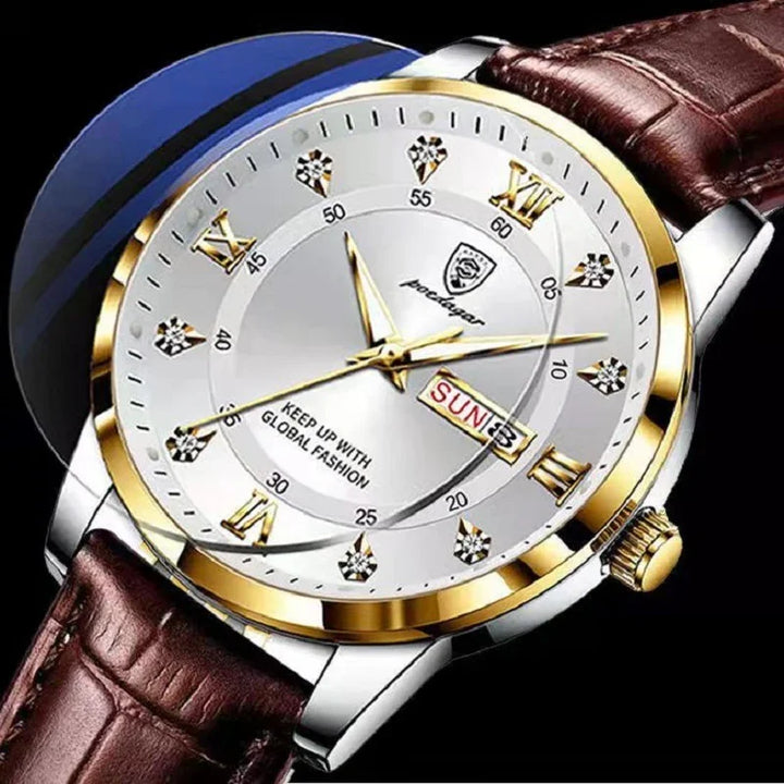 Luxury wristwatch with gold and silver case, brown leather strap, Roman numerals and day-date display