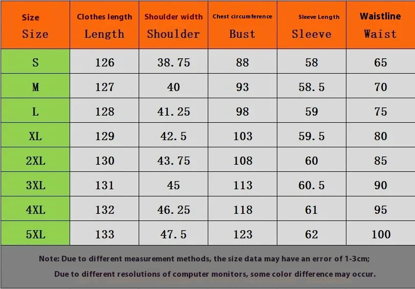 Clothing size chart for S to 5XL with measurements for length, shoulder width, bust, sleeve length, and waistline