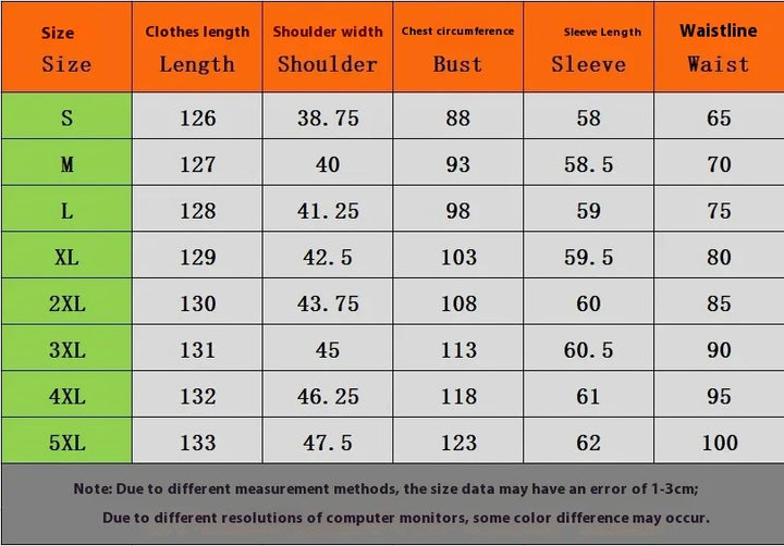 Clothing size chart for S to 5XL with measurements for length, shoulder width, bust, sleeve length, and waistline