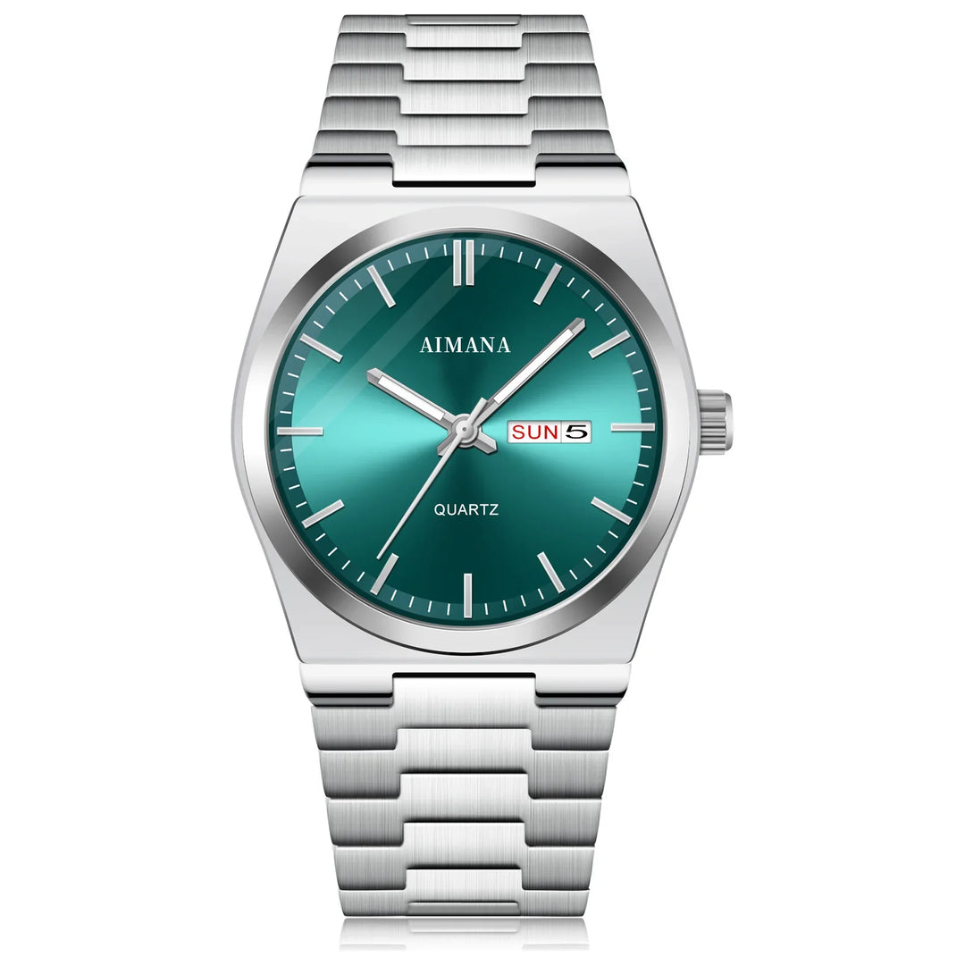 Silver stainless steel AIMANA quartz wristwatch with teal dial and day-date display