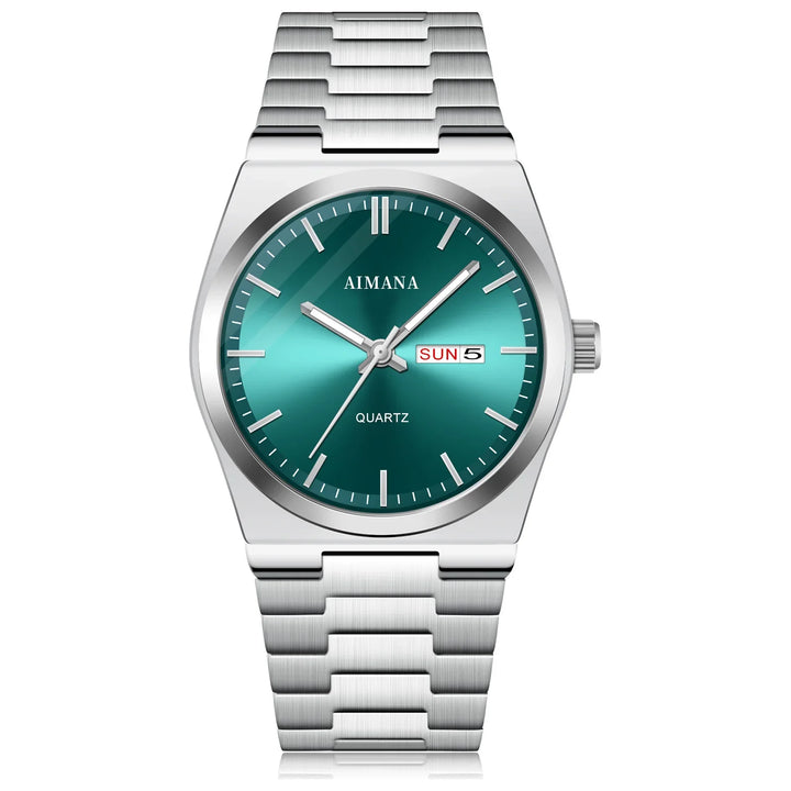 Silver stainless steel AIMANA quartz wristwatch with teal dial and day-date display