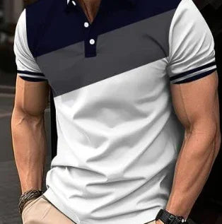 Men's short sleeve polo shirt with color block design in navy, gray, and white