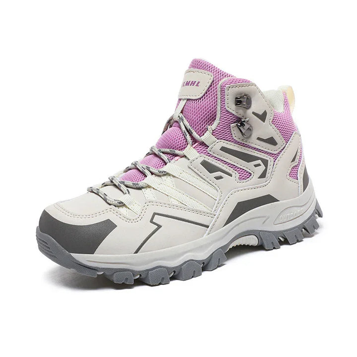 Light gray and pink high-top hiking boot with rugged gray outsole and mesh upper
