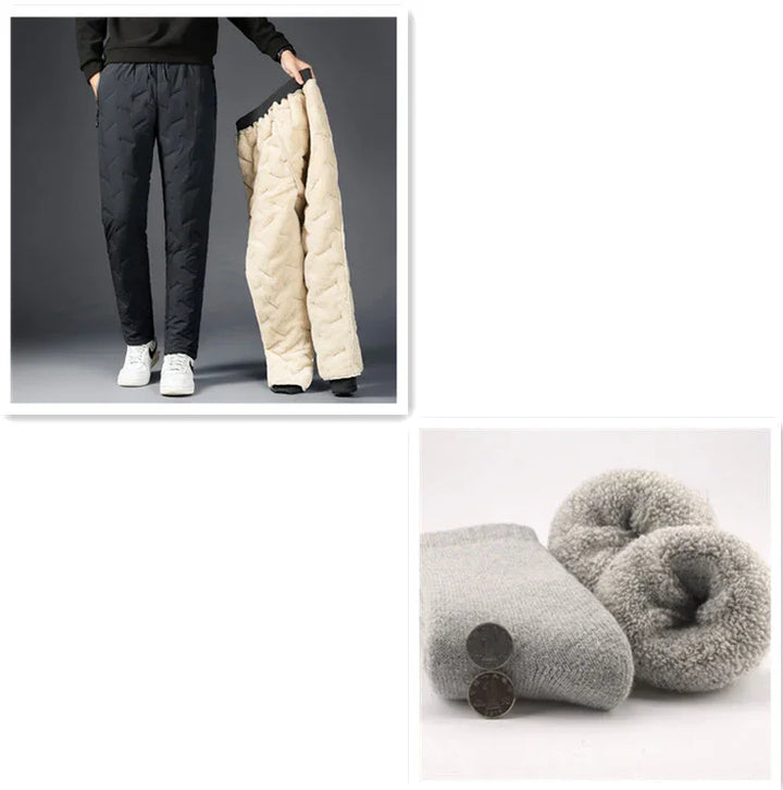 Winter insulated quilted pants in black and beige, warm fleece-lined gray socks with coins for thickness