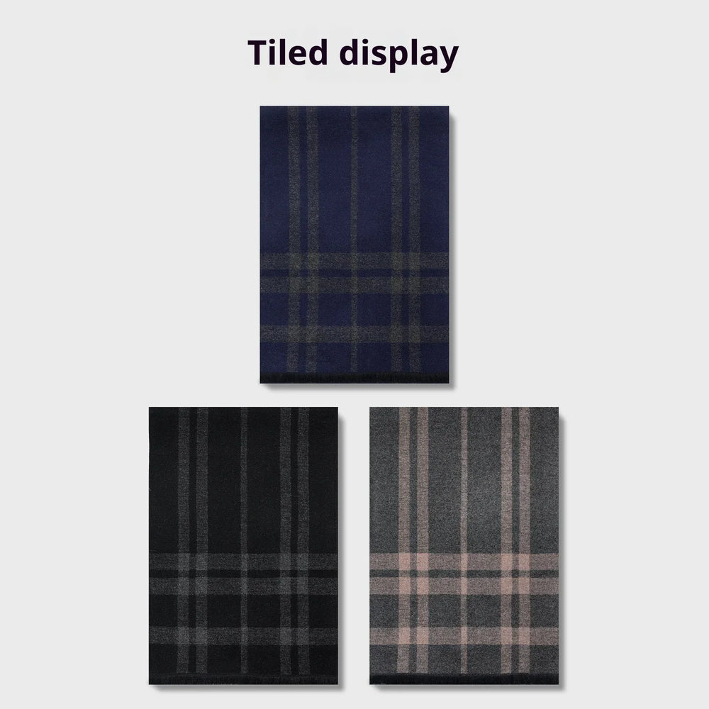 Tiled display of three plaid patterned fabric swatches in navy, black, and gray tones on a white background