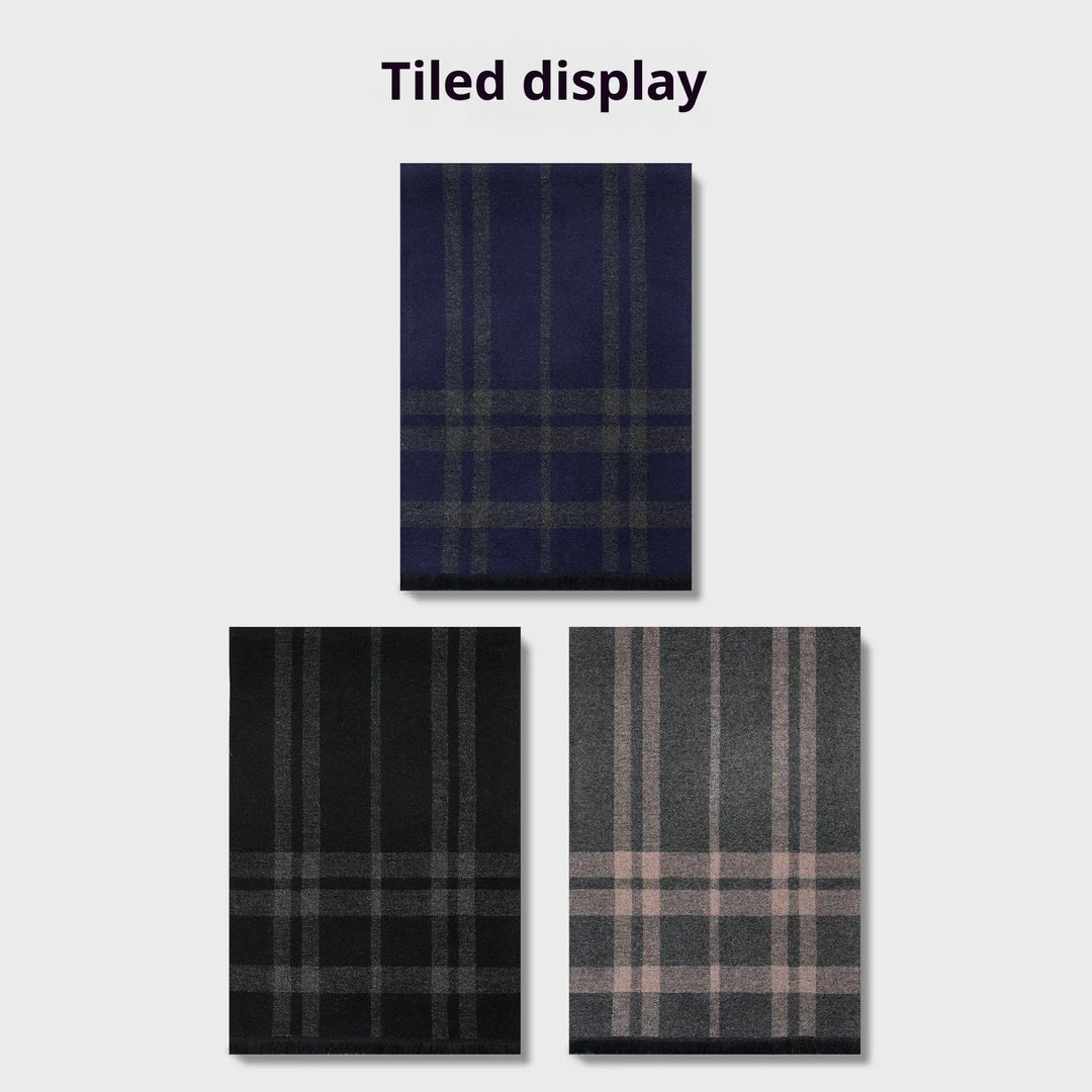 Tiled display of three plaid patterned fabric swatches in navy, black, and gray tones on a white background