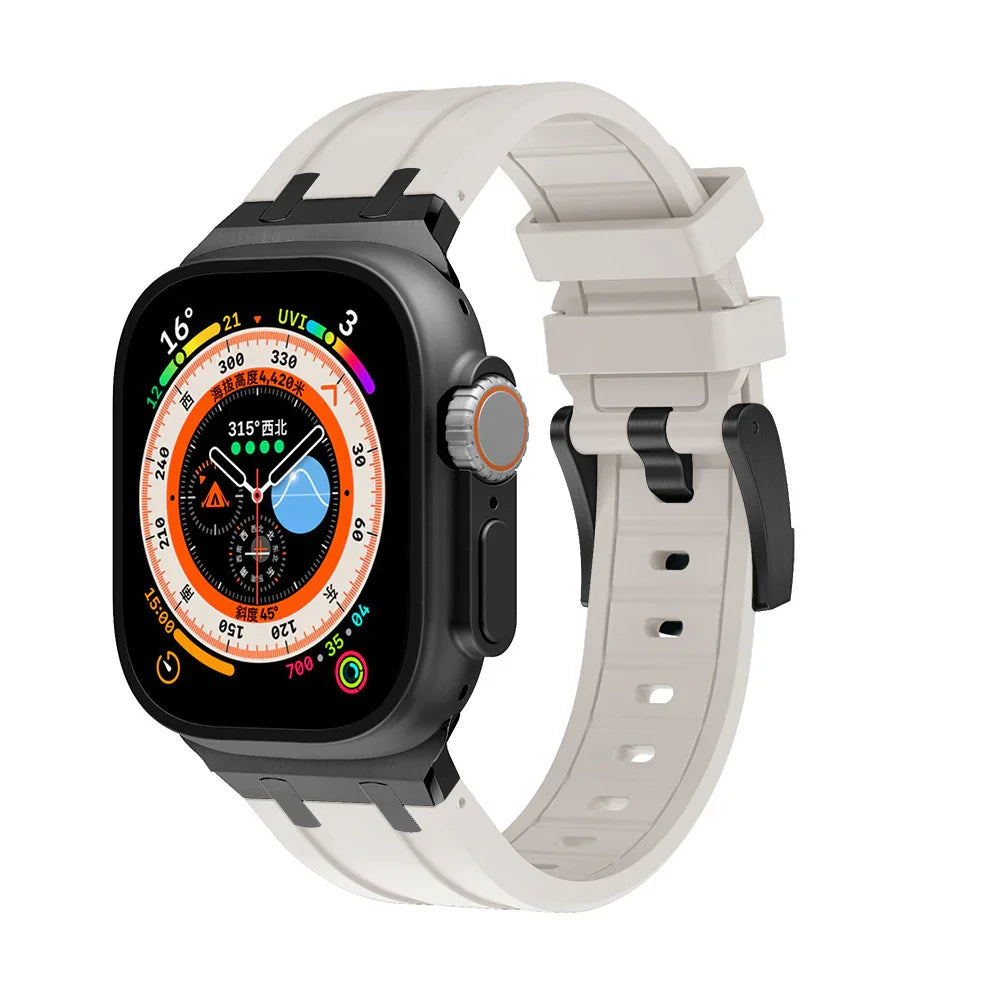 Smartwatch with black case and white silicone strap showing colorful compass and weather display