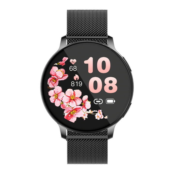 Round black smartwatch with pink cherry blossom watch face, heart rate and step count