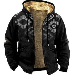 Black winter jacket with Navajo-inspired geometric patterns and plush beige fleece lining