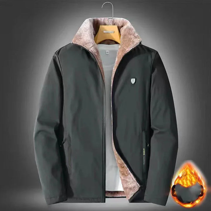 Black men's winter jacket with soft beige fleece lining and zipper pockets on hanger