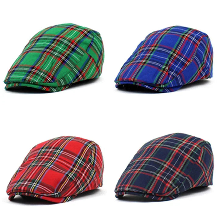 Four plaid flat caps in green, blue, red, and navy colors displayed on white background