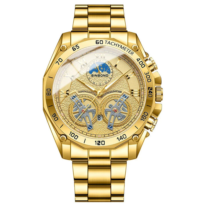 Gold BINBOND men's wristwatch with tachymeter, dual subdials, date display, and metal bracelet