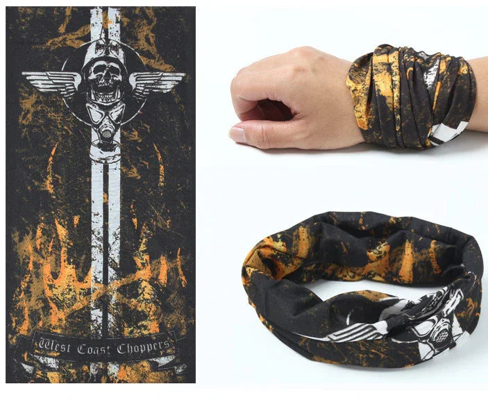 West Coast Choppers black and orange skull bandana with wings and gas mask, worn as wrist wrap