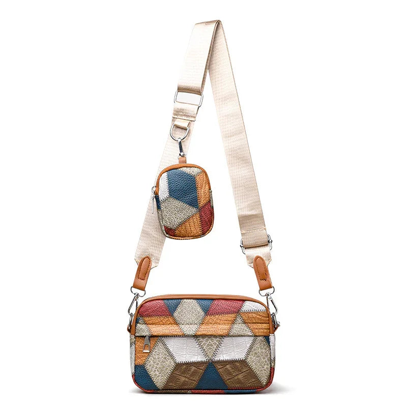 colorful patchwork crossbody bag with adjustable beige strap and small detachable pouch