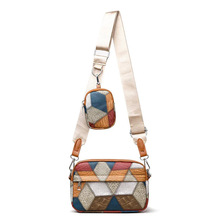 colorful patchwork crossbody bag with adjustable beige strap and small detachable pouch