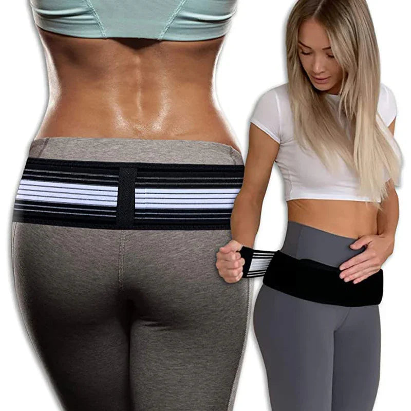 Woman wearing adjustable hip support belt over activewear, fitness waist brace closeup