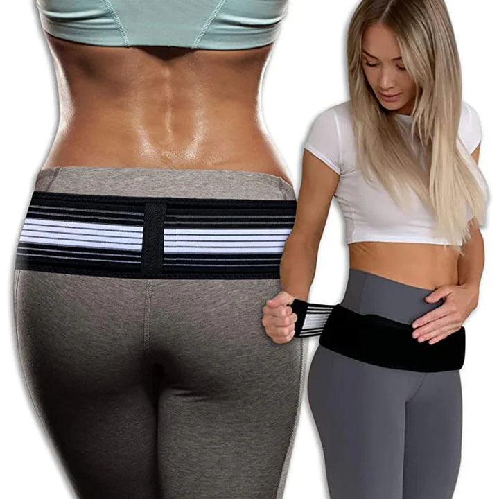 Woman wearing adjustable hip support belt over activewear, fitness waist brace closeup