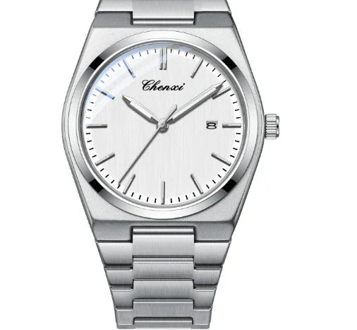 Chenxi silver stainless steel men's wristwatch with white dial and date display