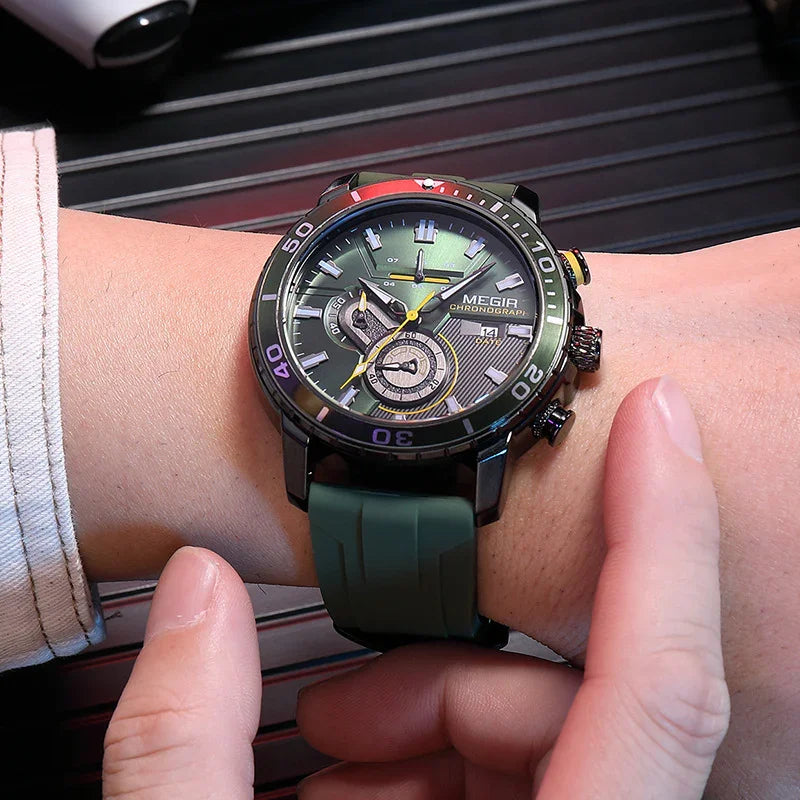 MEGIR chronograph wristwatch with green dial and silicone strap on person's wrist