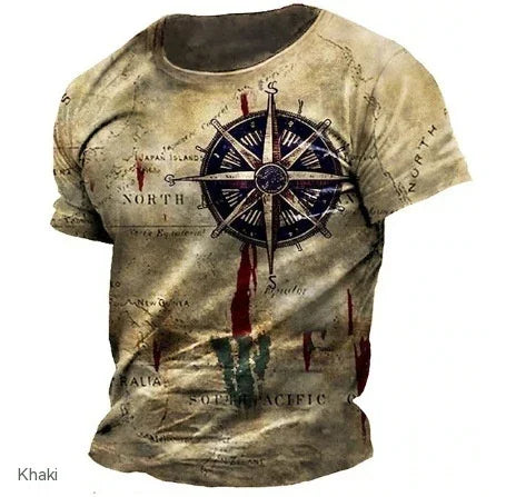 khaki t-shirt with vintage compass and world map graphic design, nautical theme