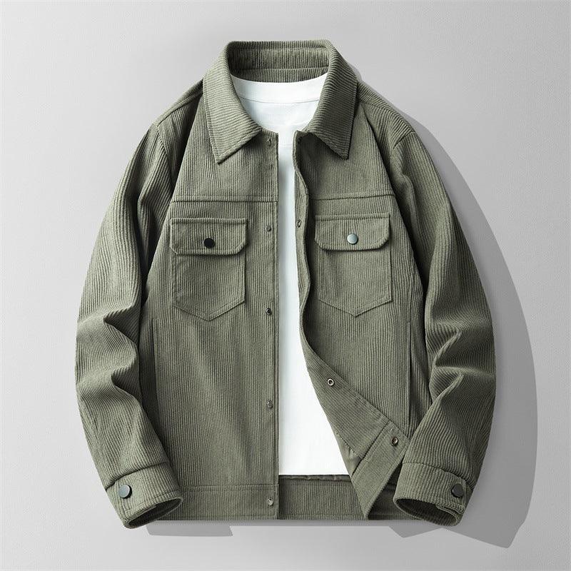 olive green corduroy jacket over white t-shirt with buttoned chest pockets and cuff details