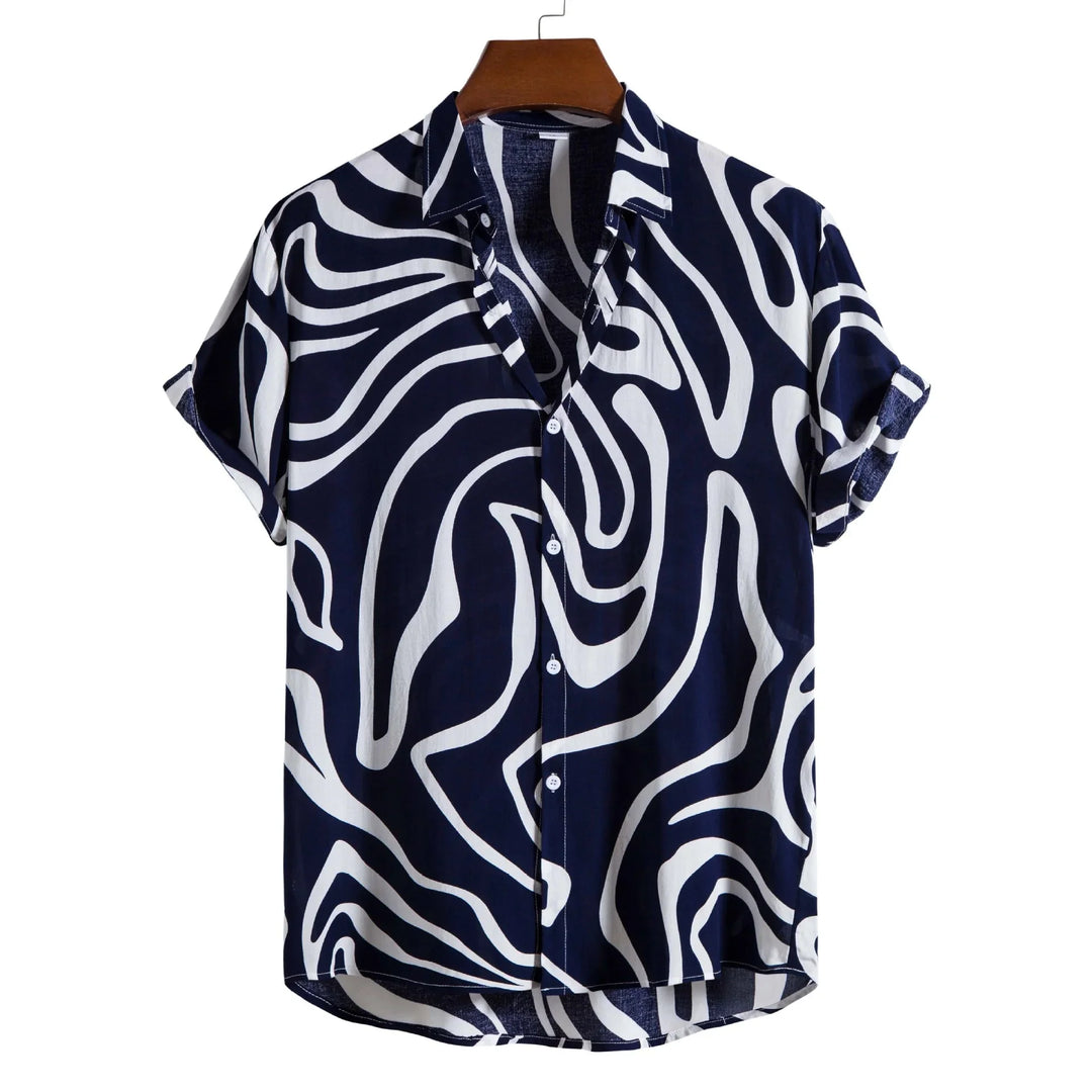 Navy blue and white abstract patterned short-sleeve button-up shirt on wooden hanger